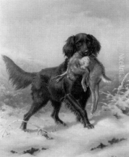 Setter Mit Erlegtem Hasen In Winterlandschaft - view 1