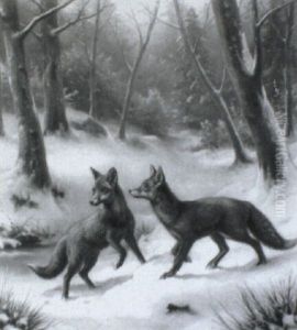 Zwei Spielende F_chse Im Verschneiten Winterwald by Johannes Christian Deiker