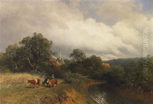 Viehhirtin Vor Einem Kirchdorf by Heinrich Deiters