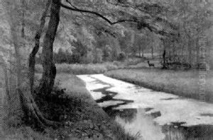 Waldlandschaft Mit Fluss Und Rehen by Heinrich Deiters