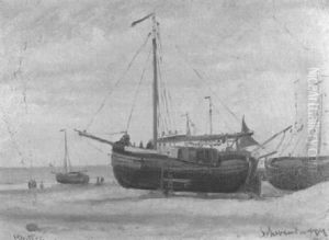 Segelschiffe Am Strand Von Scheveningen by Heinrich Deiters