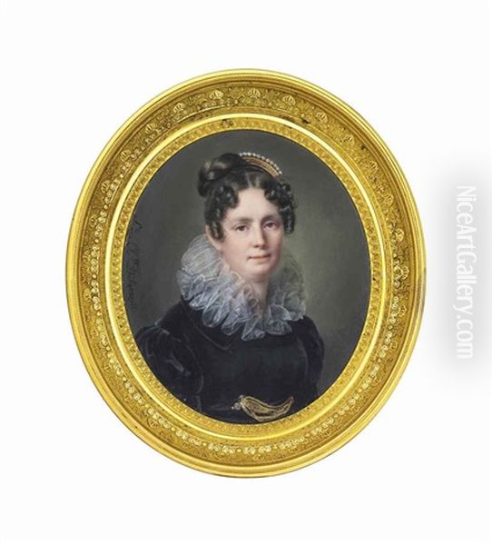 A Young Lady, In Black Dress With White Ruff, A Pearl-set Comb In Her Brown Hair - view 1
