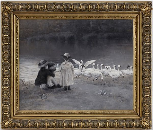 Enfants Nourrissant Les Oies - view 1