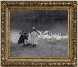 Enfants Nourrissant Les Oies by Leon Delachaux
