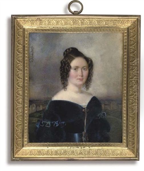A Young Lady, In Off-the-shoulder Blue Velvet Dress With Lace-bordered White Underdress - view 1