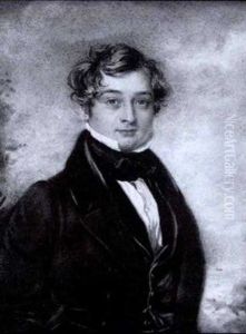 A Young Gentleman, Wearing Black Coat, Matching Waistcoat, White Chemise And Black Stock, Landscape Background by Benjamin Delacour
