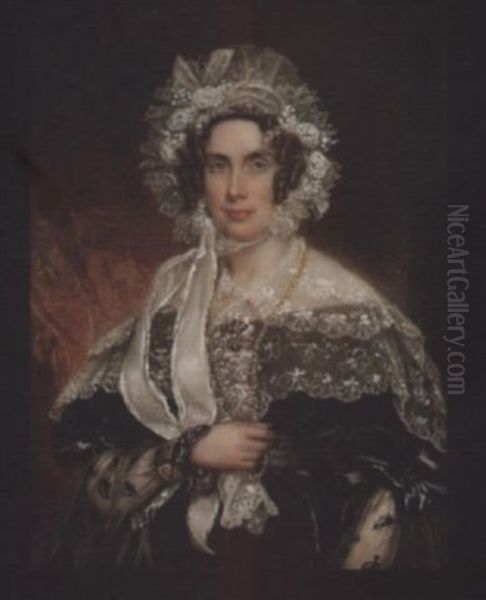 A Lady, Wearing Black Dress With Large White Lace Collar And Black Lace Demi-gigot Sleeves, White Lace And Gauze Bonnet Dressed With White Roses And Long Wide Ribbon Ties, She Holds A Gold Necklace - view 1