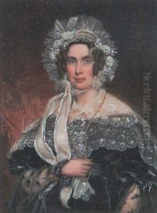 A Lady Wearing Black Dress, White Lace And Gauze Bonnet Dressed With White Roses And Ribbon Ties, She Holds A Gold Necklace About Her Neck
