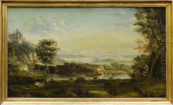 River Scene With Clifftop Castle And Figures - view 1