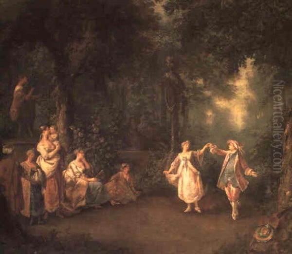 Un Couple Elegant Dansant Dans Un Jardin Et D'autres Personnages Les Regardant - view 1
