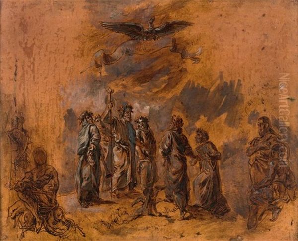 Homere Avec Les Poetes Ovide, Horace Et Lucain, Recoit Dans L"elysee Dante, Amene Par Virgile, Esquisse Pour La Coupole De La Bibliotheque Du Senat - view 1