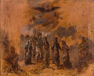 Homere Avec Les Poetes Ovide, Horace Et Lucain, Recoit Dans L"elysee Dante, Amene Par Virgile, Esquisse Pour La Coupole De La Bibliotheque Du Senat by Eugene Delacroix