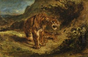 Tiger On The Look-out Or Growling Tiger by Eugene Delacroix