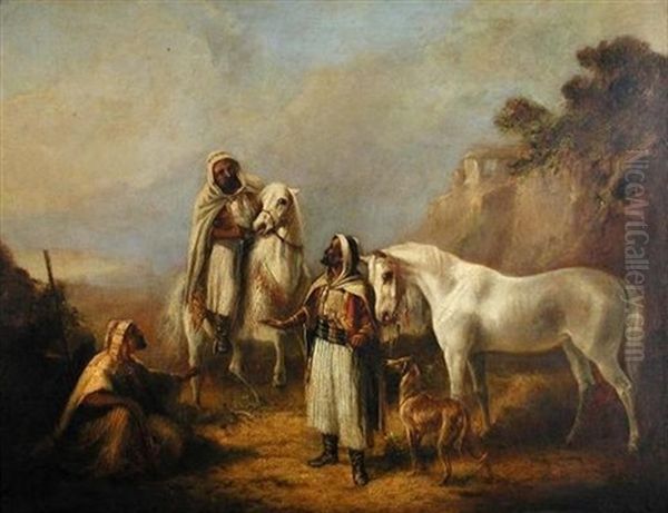 Arabs With Arab Horses And A Saluki In The Desert - view 1