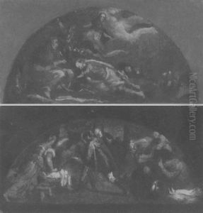 Biblische Szene Mit Oberem Halbrundem Abschlus Vor Dunklem Hintergrund by Eugene Delacroix