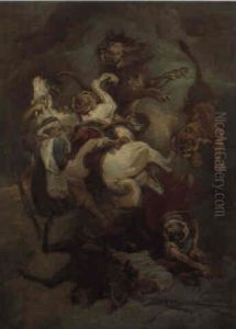 Araber Zu Pferd Von Lowen Angegriffen by Eugene Delacroix