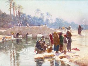 Lavandieres Pres Du Pont by Alexis Auguste Delahogue