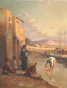 Lavandieres Aux Abords D'une Ville by Alexis Auguste Delahogue