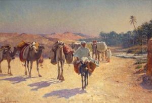 Caravane Devant L'oued by Alexis Auguste Delahogue