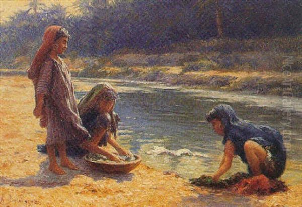 Trois Petites Algeriennes Lavant Leur Linge Dans Un Cours D'eau - view 1