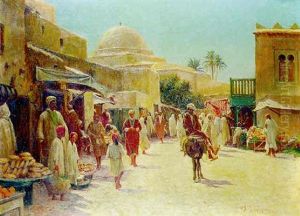 Promeneurs Et Marchands Dans Une Ville Tunisienne by Alexis Auguste Delahogue