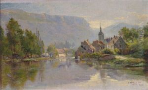 Flusslandschaft Mit Kirchdorf Und Berghintergrund