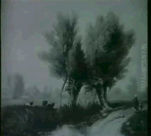 Figures On A Path Before A Stream With Watermeadows And The Skyline Of Oxford Beyond - view 1