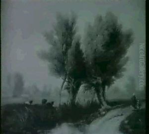 Figures On A Path Before A Stream With Watermeadows And     The Skyline Of Oxford Beyond