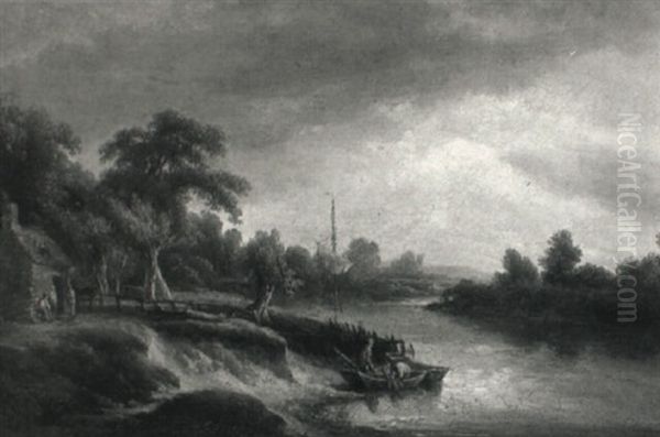 Wooded River Landscape With Figures And Boats Moored Beside Cottages - view 1