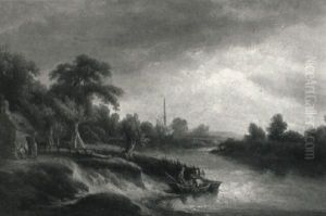 Wooded River Landscape With Figures And Boats Moored Beside Cottages by William Alfred Delamotte