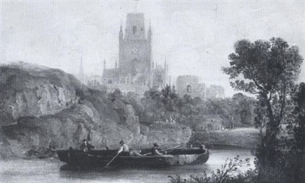 Landscape With Barges On A River Beneath A Church And Ruined Castle - view 1