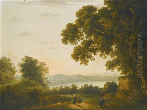 View Of Lake Nemi, Italy And A Wooded Landscape With A Waterfall (pair) - view 1