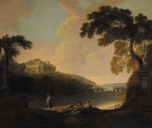 In Arcadia (italianate Landscape With Figures By A River And Ruined Acropolis In Distance) by Solomon Delane