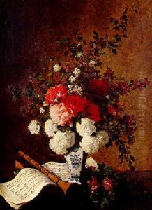 Hortensias, Pivoines, Partition Et Clarinette by Hippolyte Pierre Delanoy