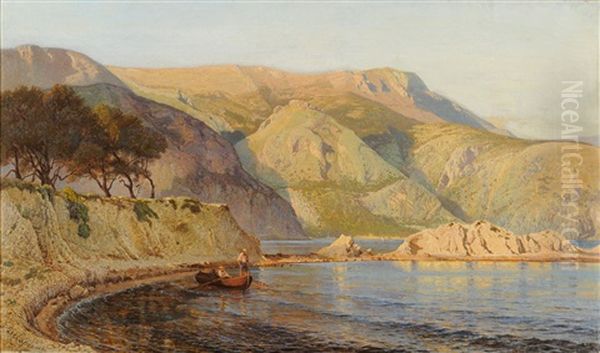 Figures In A Boat Off A Rocky Coastline - view 1
