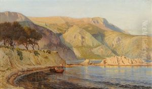 Figures In A Boat Off A Rocky Coastline by Charles Samuel Delapeine