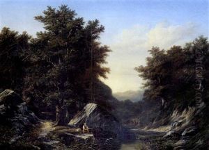 Bewaldete Bachlandschaft Mit Angler by Charles Samuel Delapeine