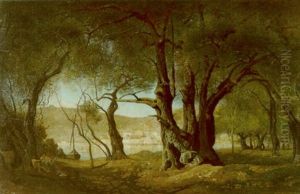 Sudliche Landschaft Mit Grosen Baumen Und Familie Im Vordergrund by Charles Samuel Delapeine