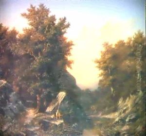Bewaldete Flusslandschaft Mit Einem Fischer In Der Dammerung by Charles Samuel Delapeine