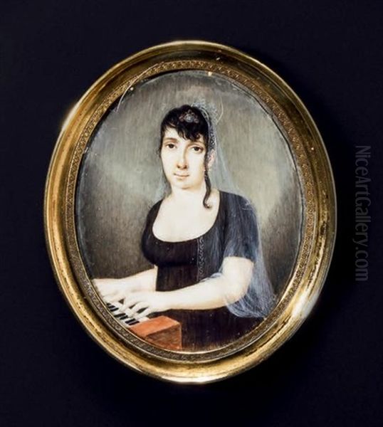 Jeune Femme Coiffee D'un Voile Blanc Orne D'un Camee Et Jouant Du Pianoforte; Elle Est Assise, En Buste De Trois-quarts Vers La Gauche, Presque De Face - view 1