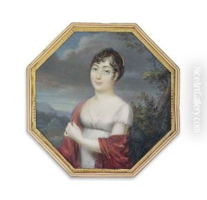 A Young Lady, In White Muslin Dress With Red Shawl Around Her Shoulders, Upswept Brown Curling Hair, Decorated With Two Strings Of Pearls