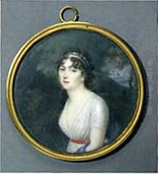 Portrait De Femme En Robe Blanche A La Ceinture Rouge Devant Un Paysage - view 1