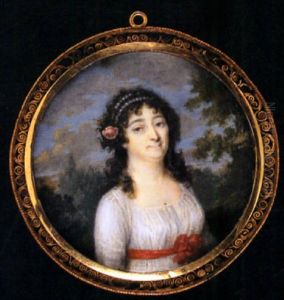 A Lady  In White Dress With Red Ribbon Waistband, Her Dark Hair Decorated With Pearls And A Pink Rose