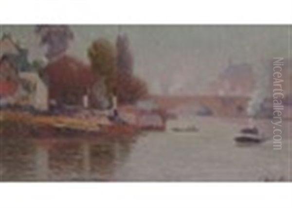 River Scene With Steam Boats By A Bridge - view 1