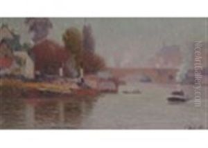 River Scene With Steam Boats By A Bridge by Joseph Delattre