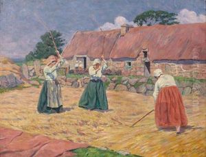 Les Batteuses De Ble Ou Cour De De Ferme A Benarven - Bretonnes Aux Fleaux
