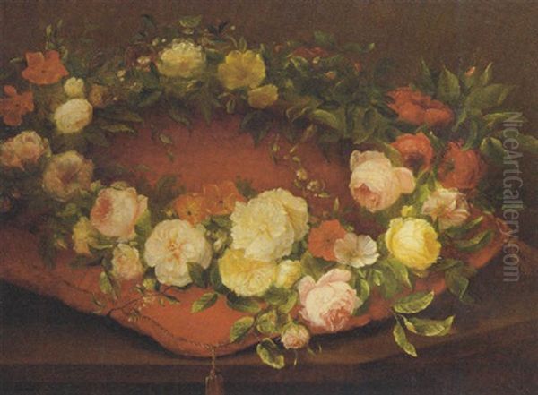 A Garland Of Pink, Yellow And Red Roses And Other Flowers On A Cushion - view 1