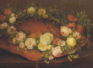 A Garland Of Pink, Yellow And Red Roses And Other Flowers On A Cushion by Anna Catharina Machtilda de Rijk-van Delden