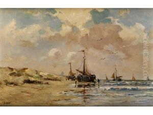 Uferlandschaft Mit Am Ufer Liegenden Fischerbooten, Figurenstaffage Sowie Weiteren Segelschiffen Auf Dem Meer Unter Wolken by Jan Wessel Van Delden