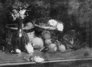 Fruits, Fleurs Dans Un Vase Et Brassee De Fleurs Dans Un Panier by Auguste-Joseph Delecluse